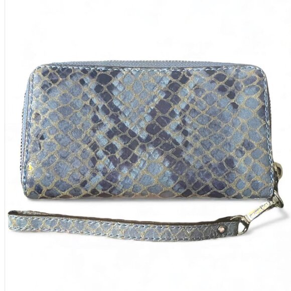 MICHAEL KORS- Snakeskin Embossed Leather Zip Around Wristlet Wallet- BLUE - Picture 3 of 4